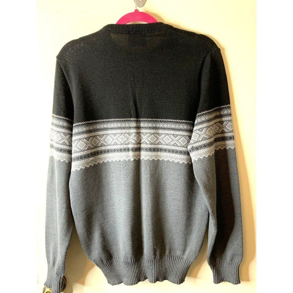VTG Demetre Men Pure Virgin Wool Nordic Crew Neck Pullover Sweater Black Gray XL